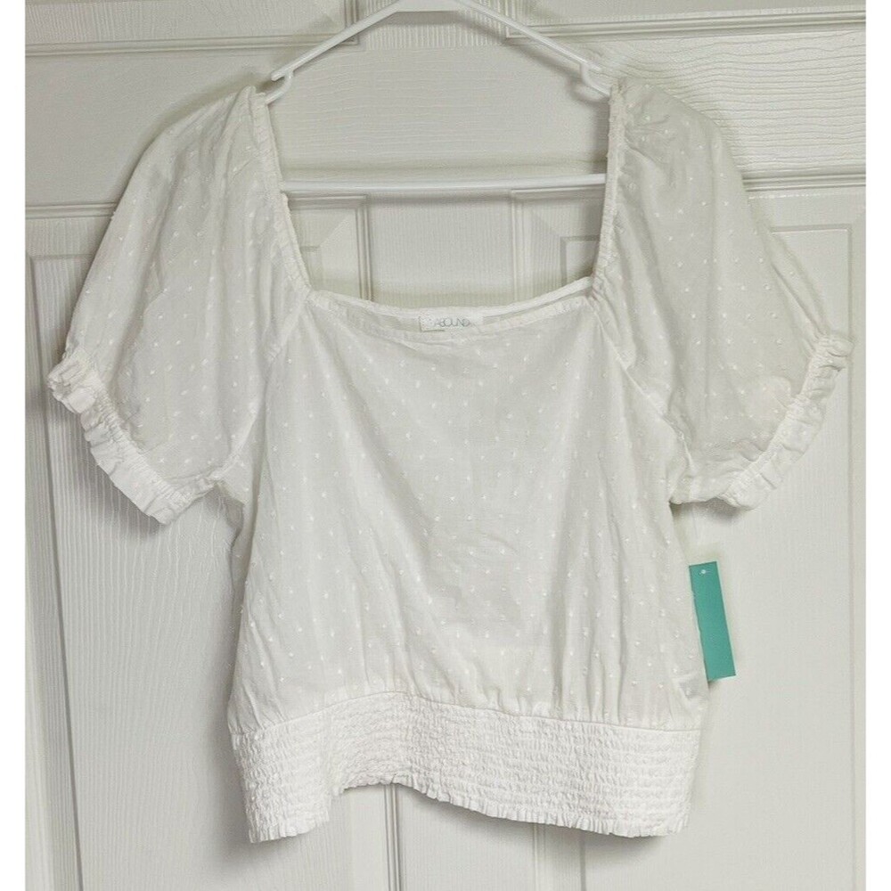 Abound Ruched Off The Shoulder Top Womens L White Dotted Short Sleeve